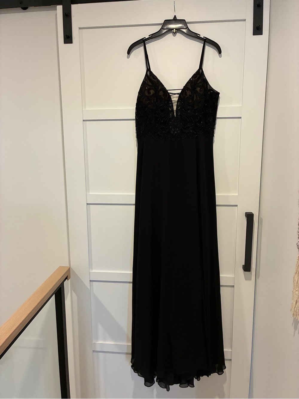 Black Beaded V-Neck Spaghetti Strap Evening Dress